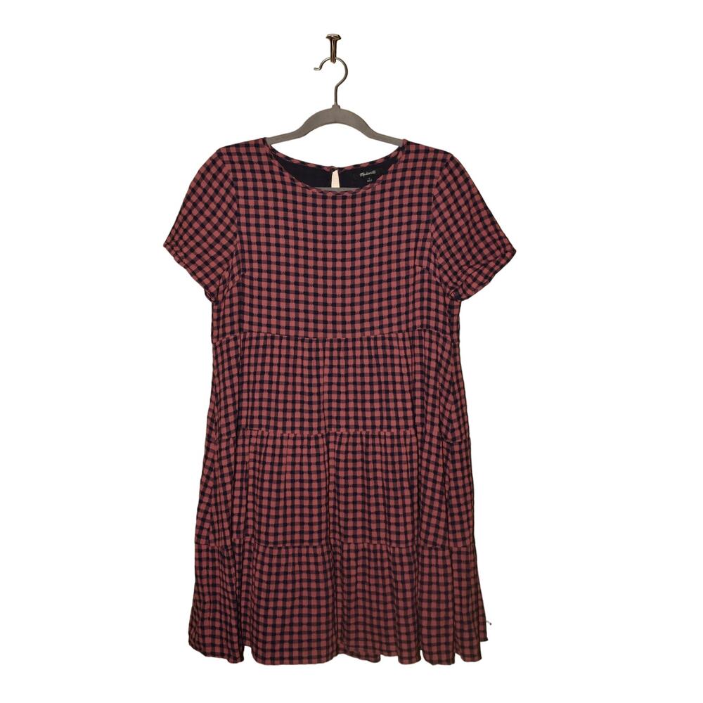 MADEWELL $118 Short Sleeve Tiered Mini Dress‎ Pink Gingham Check Small